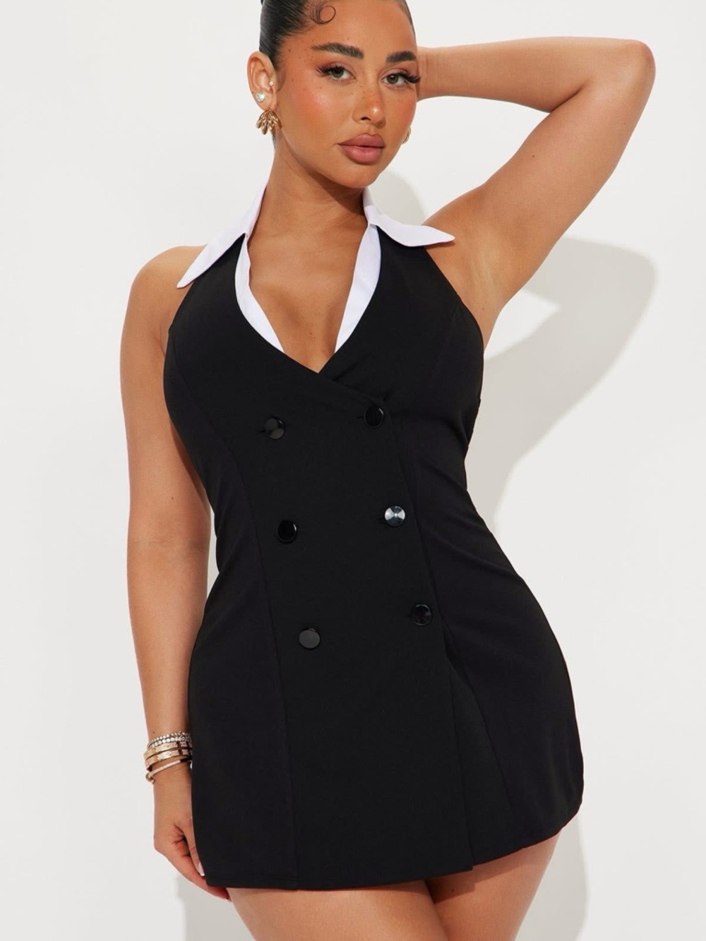 Fashion Nova Black Halter Blazer Dress with White Collar Accent